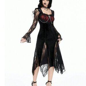 Gothic Black & Red Lace and Velvet Long Sleeve Midi Dress w/ Chain Detail Sz XL